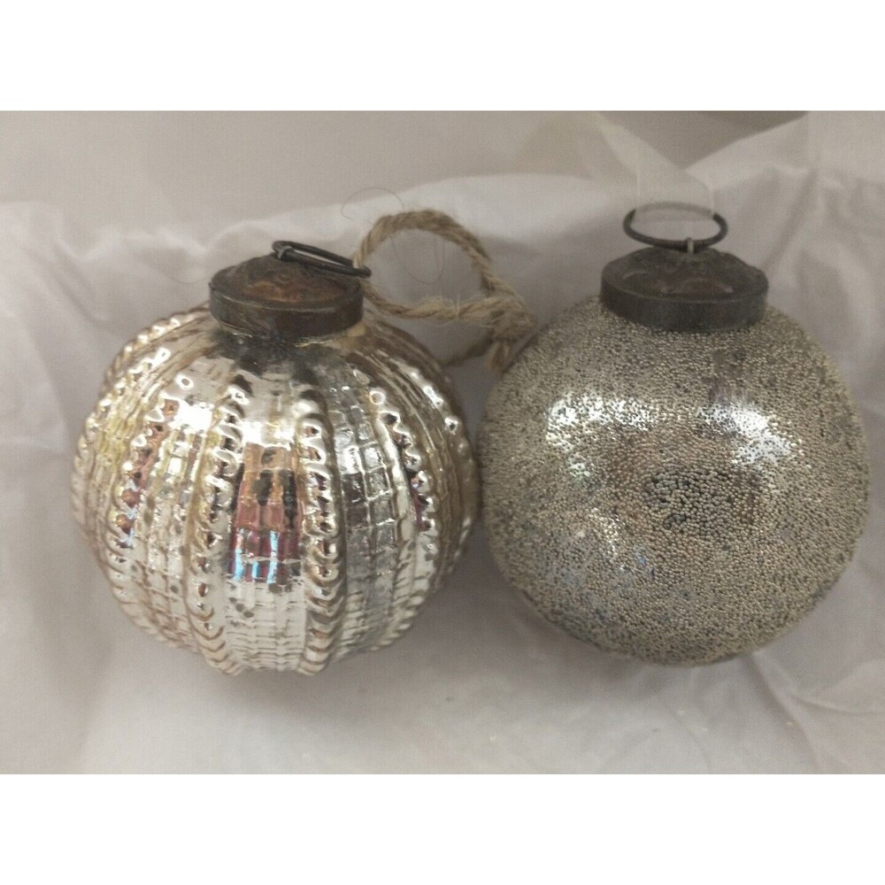 Kugel Style 2 Bronze Gold Ribbed Bead Mercury Glass Metal Cap Christmas Ornament